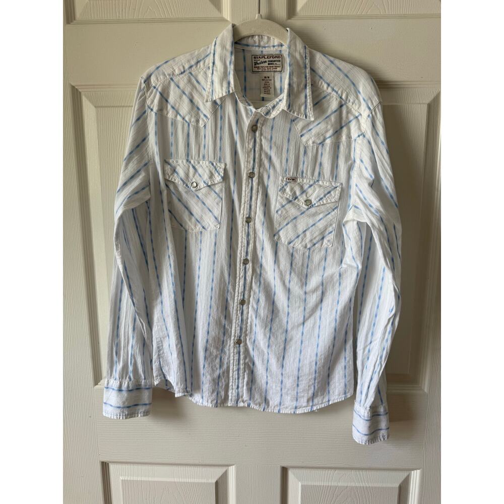Vintage Stapleford Western Pearl Snap Shirt White Blue Stripes Womens M Cowgirl